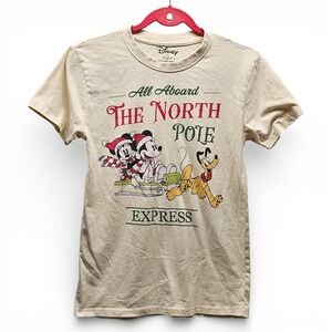 Disney North Pole Express T Shirt Small Oatmeal Mickey Minnie Pluto Christmas S